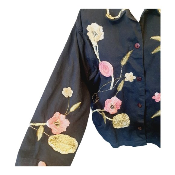 3D Embroidered Shirt Jacket Black Floral Vtg Y2K Tantrums Collection Art to Wear - Picture 10 of 13